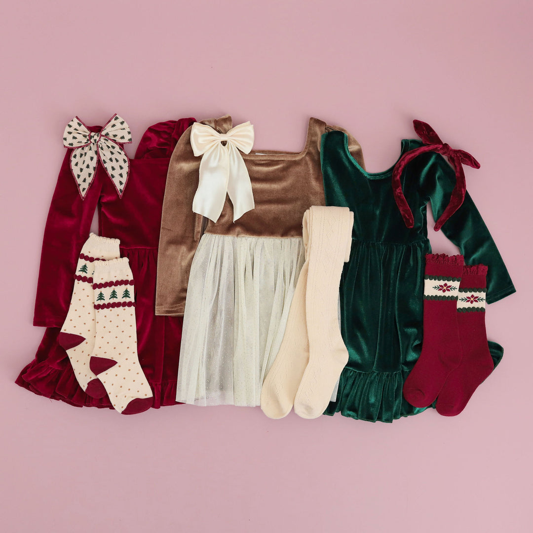 girls fancy christmas dresses with velvet, tulle and matching accessories