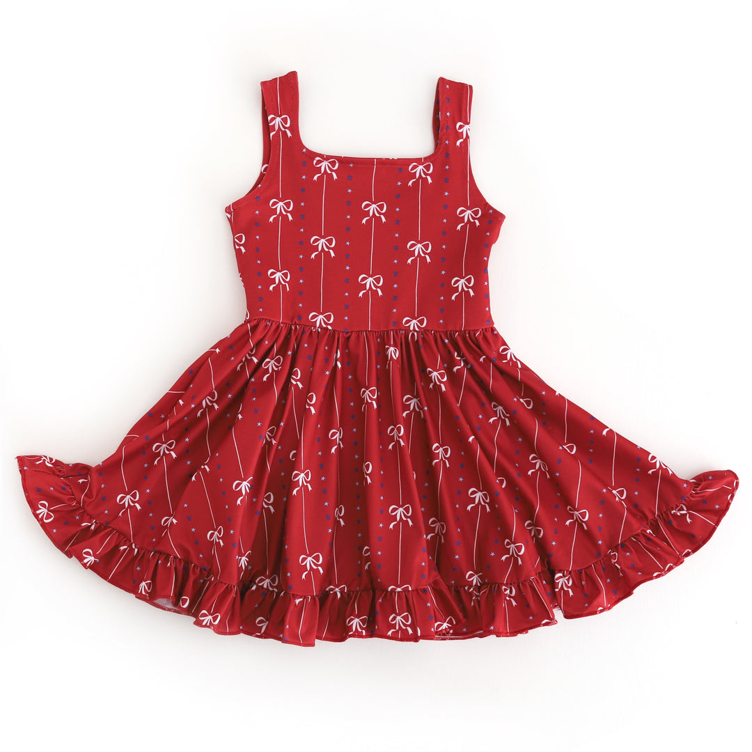 girls' sleevless red twirl dress with white bow and star print for fourth of July