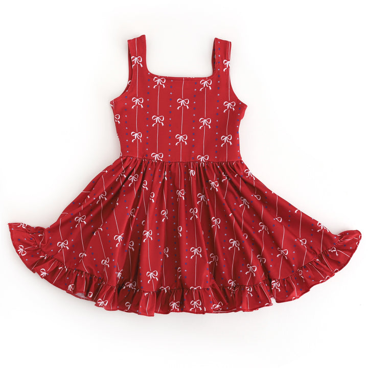 girls' sleevless red twirl dress with white bow and star print for fourth of July