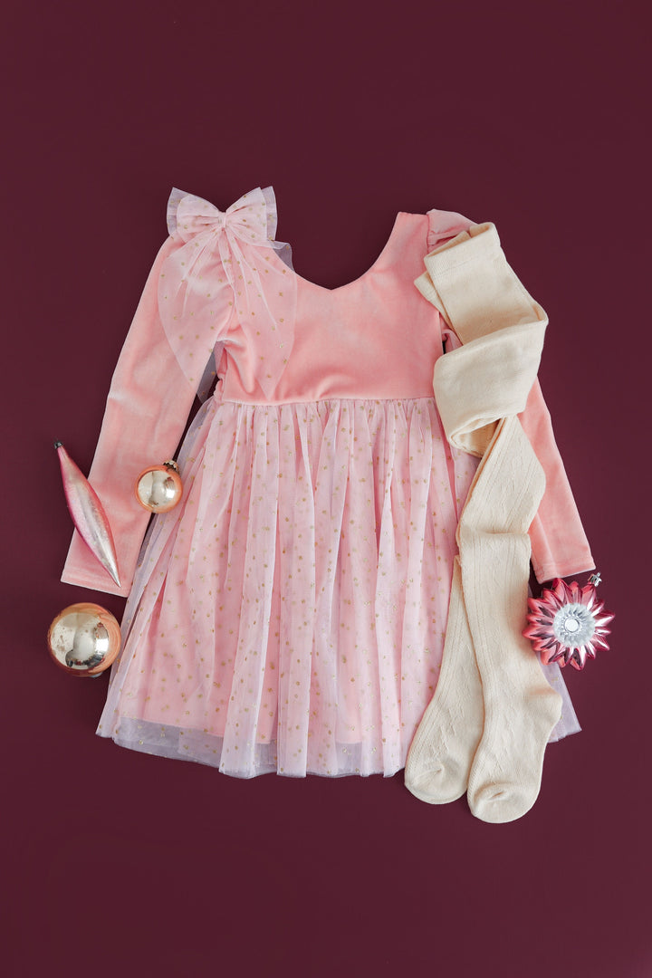 pink festive velvet and tulle dress with matching accessories