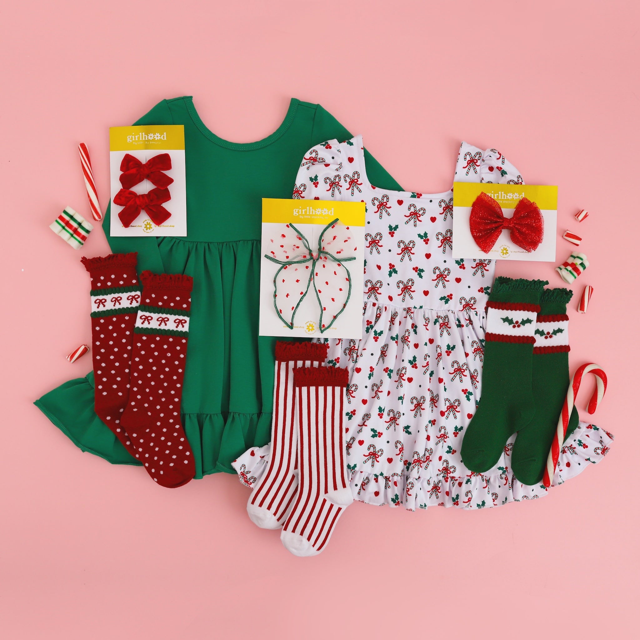 little girls's Christmas dresses in classic green, red and white colors with candy cane theme