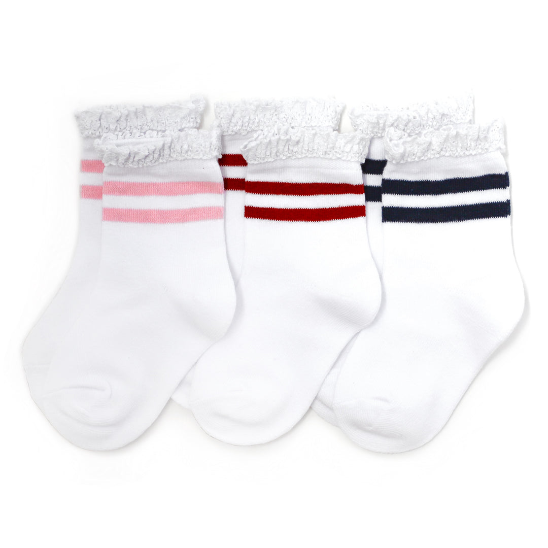 3 pack of lace trimmed white midi socks with different toned two stripes design. White/Pink, White/Red, White/Navy Blue