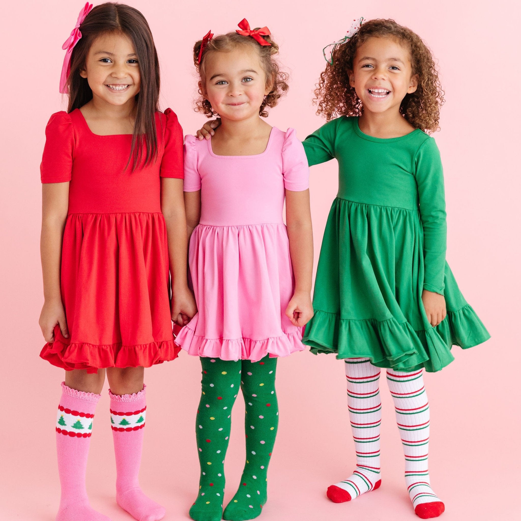 girls christmas tights and socks with matching solid cotton twirl dresses