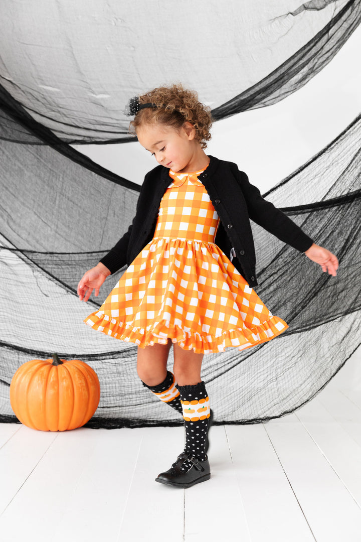 girls halloween outfit with pumpkin knee high socks