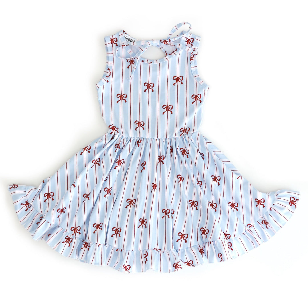 girls sleeveless twirl dress with white, blue and red stripe with dainty red bow print for 4th of July