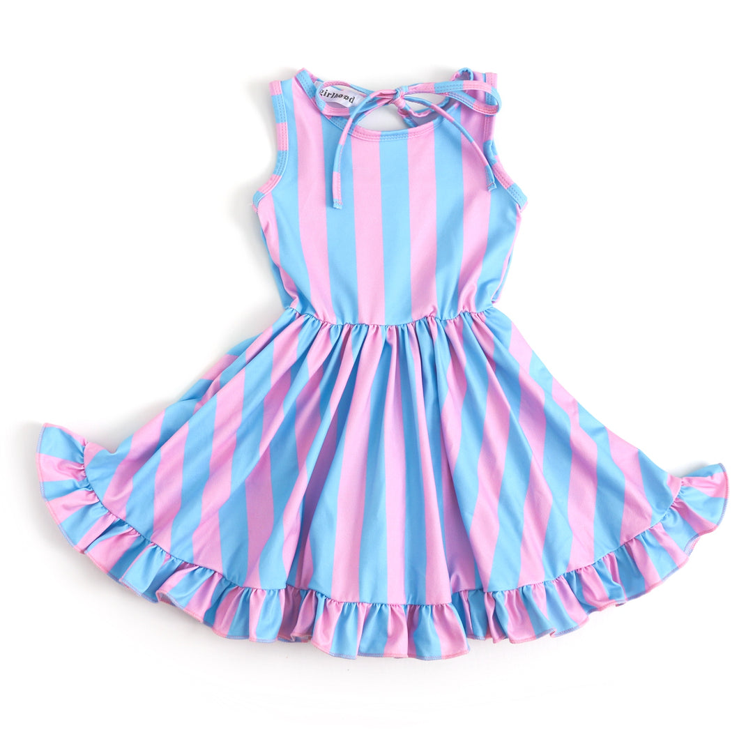 light blue and pink vertical striped twirl dress for girls