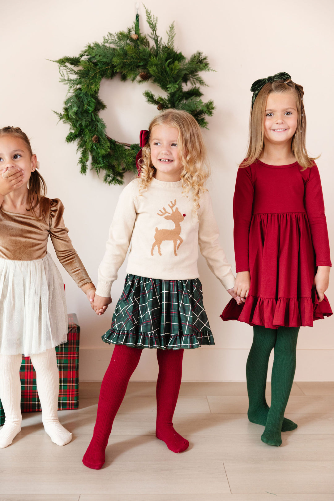 girls christmas outfits reindeer sweater with forest green plaid dress and red tights