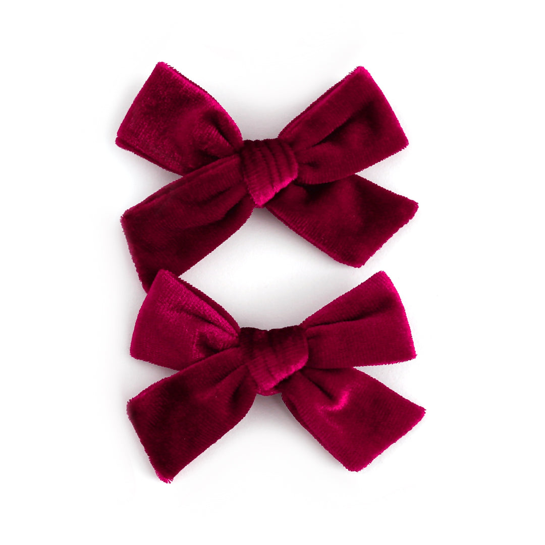 girls' cranberry red velvet pigtail bows on clips