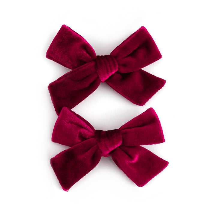 girls' cranberry red velvet pigtail bows on clips