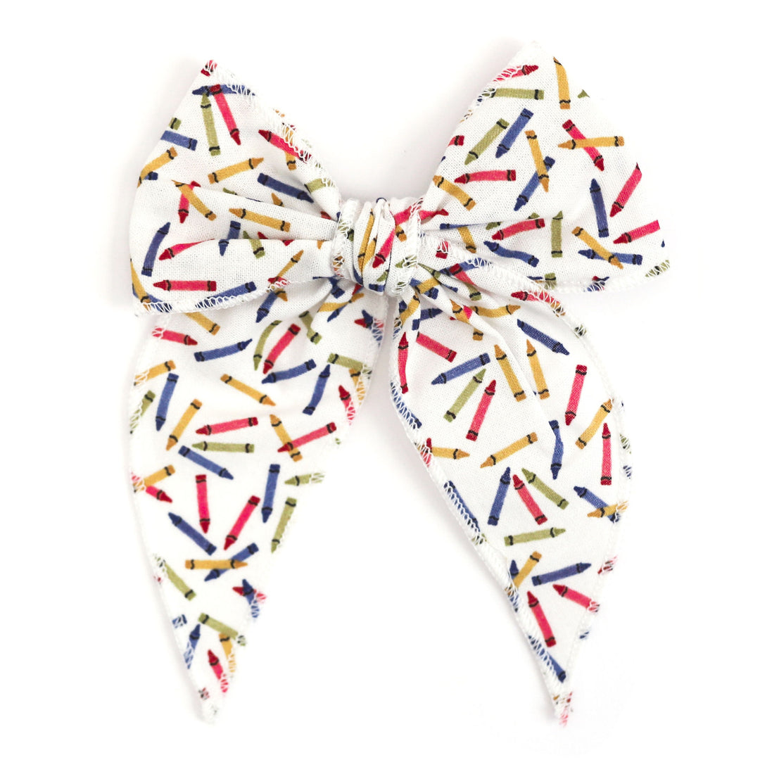 girls' back to school hair bow with crayon print design