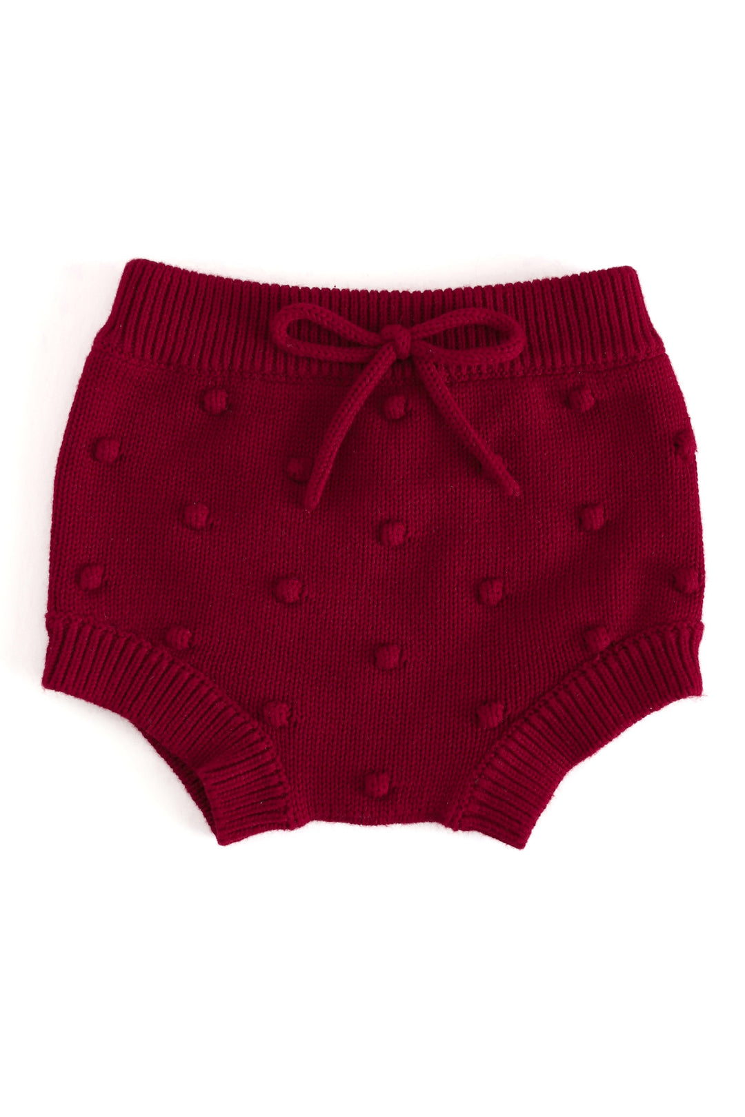 crimson bubble knit cotton baby bloomers shown on white background