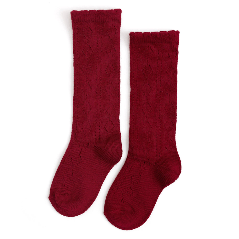 girls crimson red fancy knit knee high socks