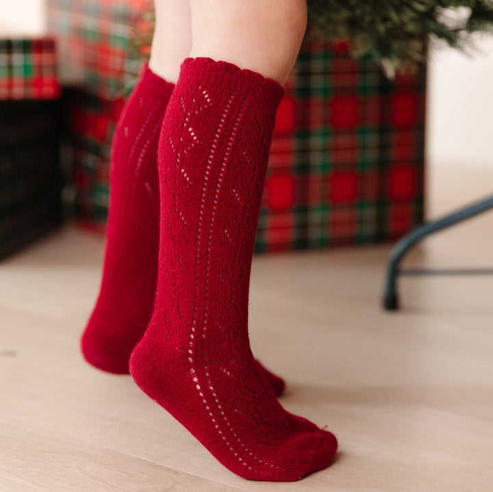 girls pointelle open knit red holiday knee high socks