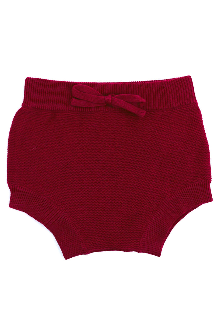 crimson red knit baby bloomers with bow
