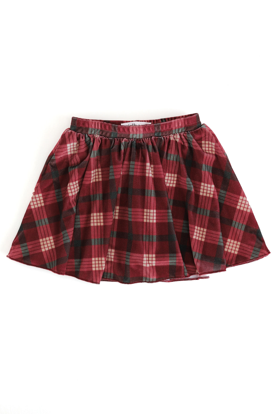 A red and green plaid velvet skort with an elastic waistband, shown flat against a plain white background.