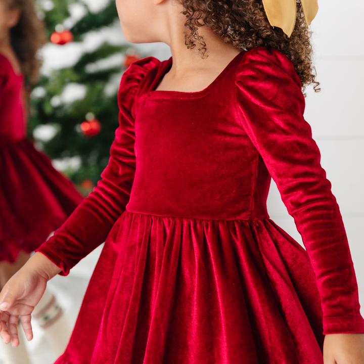 girls red velvet christmas party dress with long sleeves