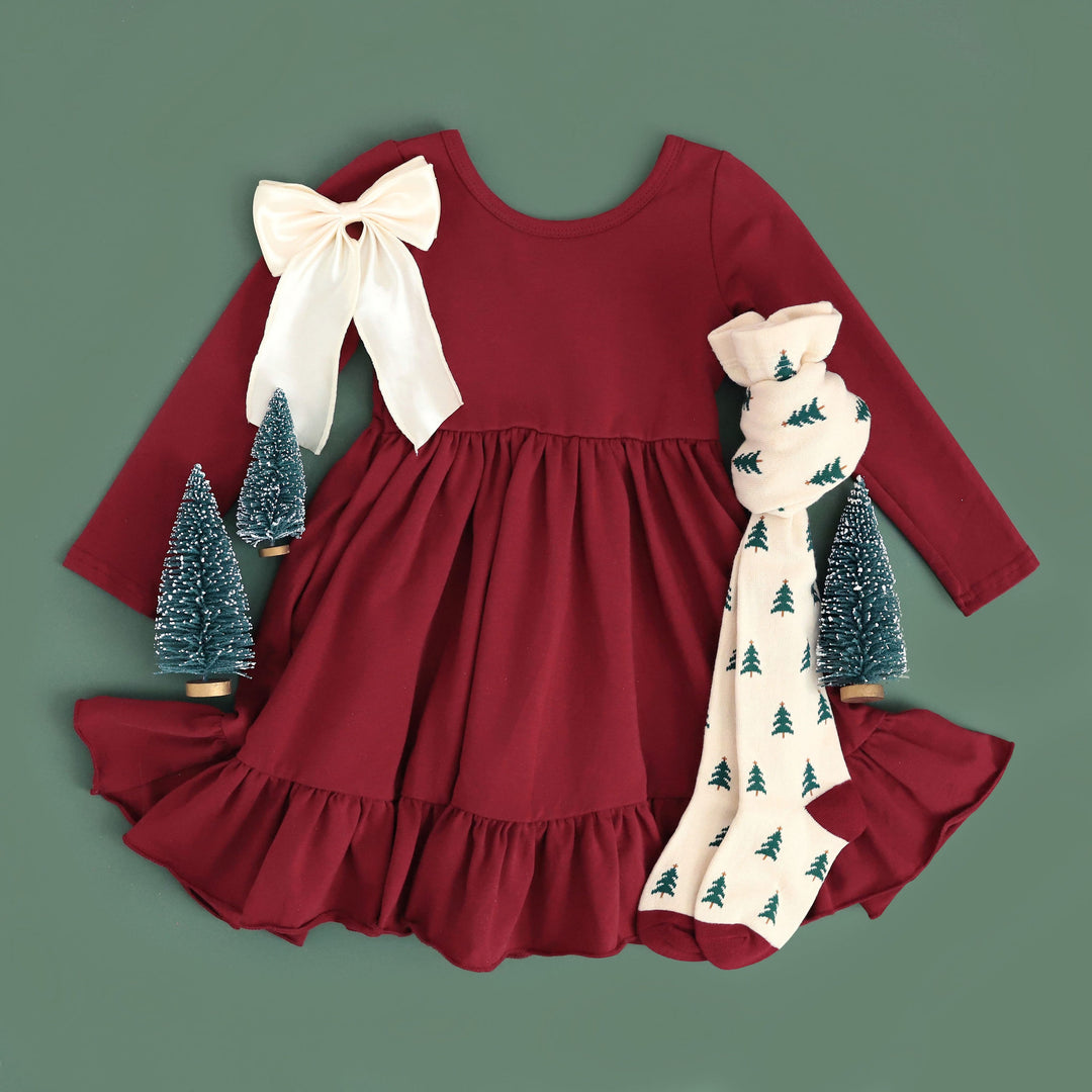 girls christmas outfit crimson dress with matching tree tights and hair bow