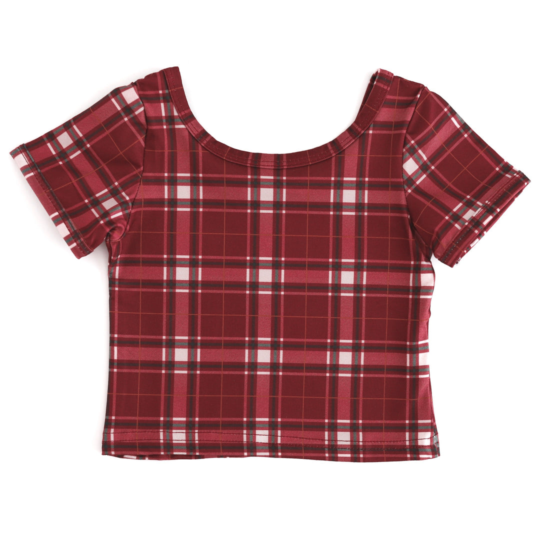 girls' crimson plaid fitted scoop neck top