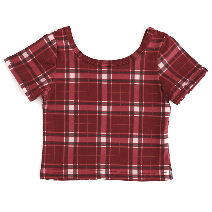 girls' crimson plaid fitted scoop neck top