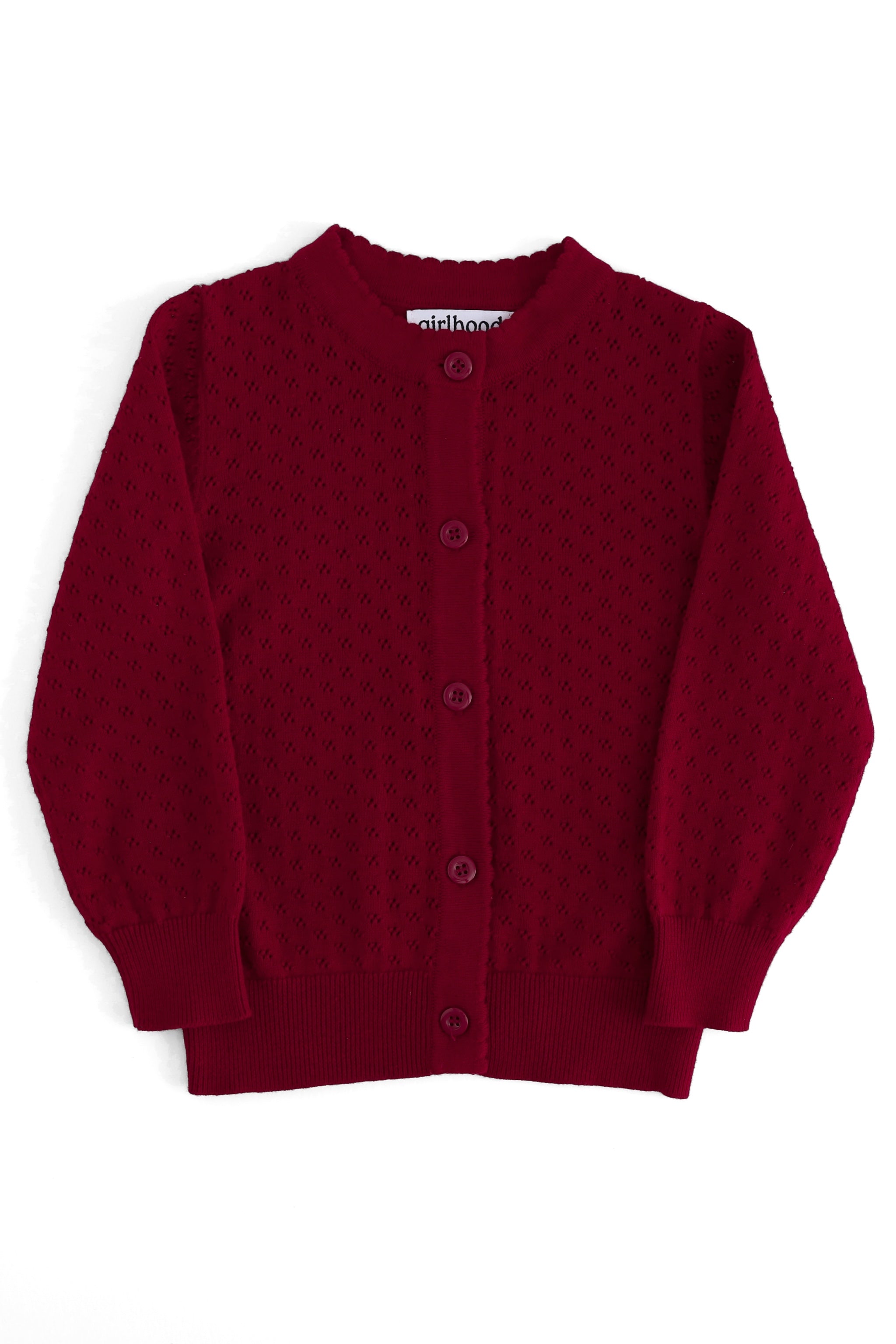 Girls' crimson cotton pointelle cardigan with scalloped trim, buttons and crew neck for Christmas