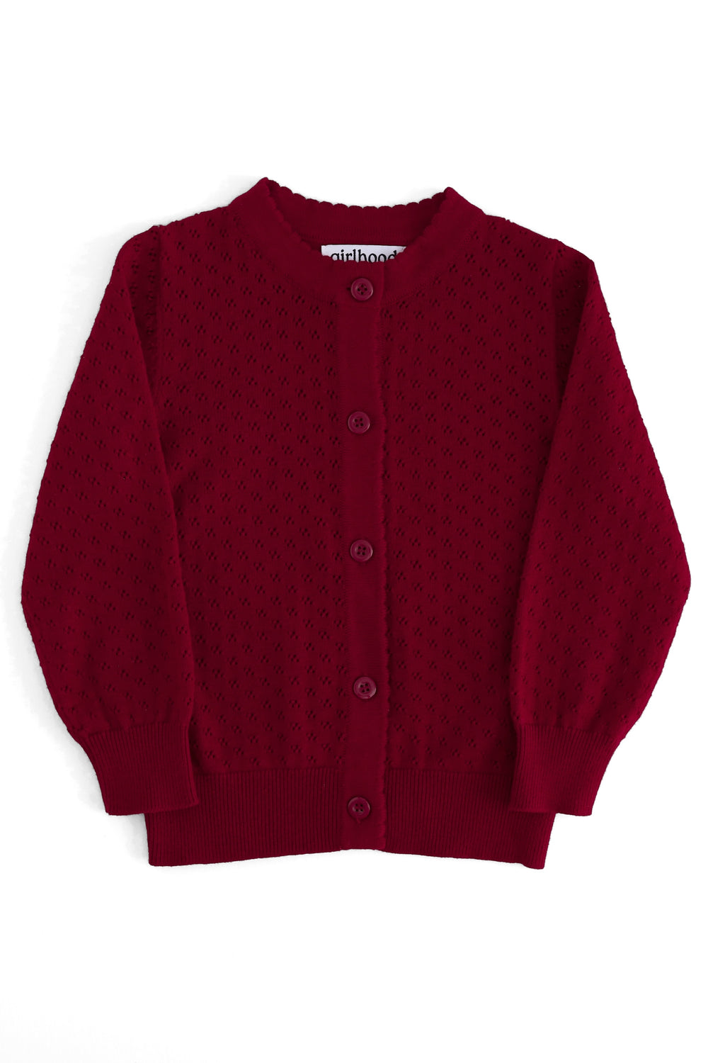 Girls' crimson cotton pointelle cardigan with scalloped trim, buttons and crew neck for Christmas