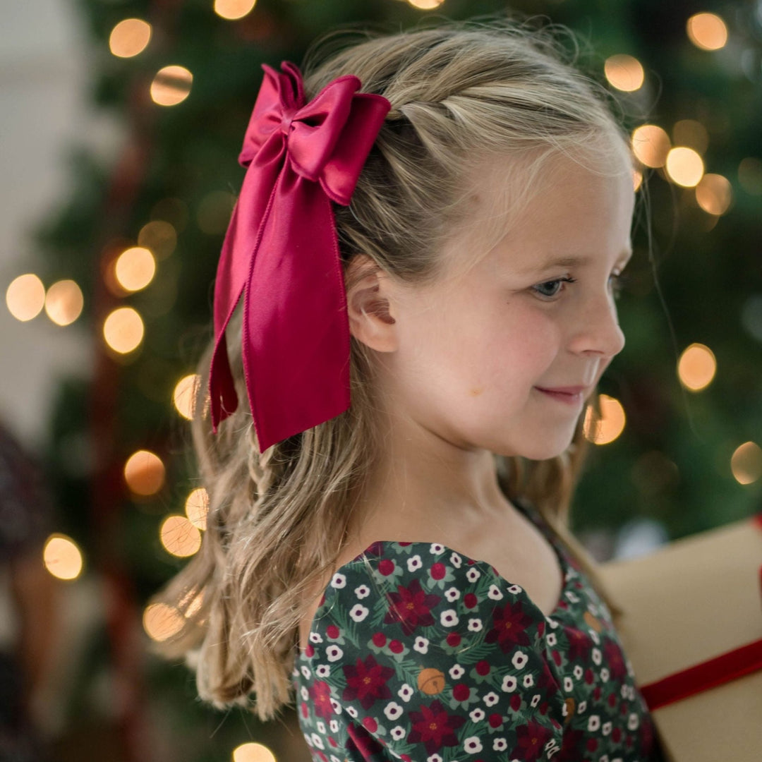 crimson red double satin hair bow for girls and poinsettia print dress