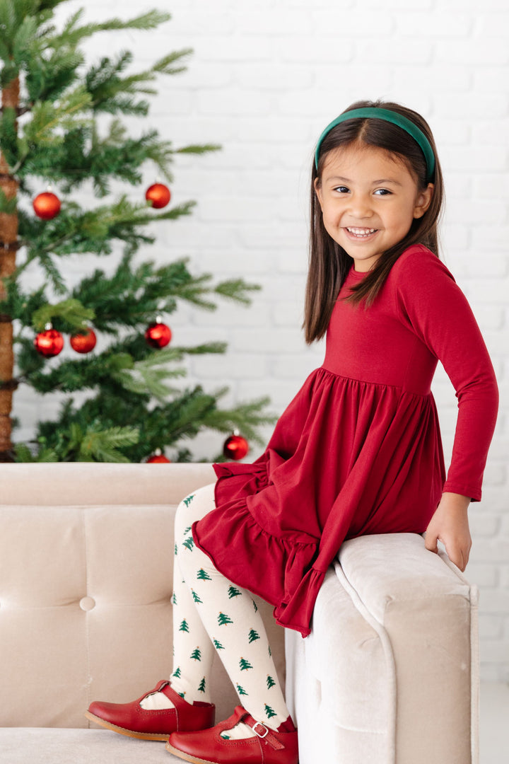 girls crimson red christmas cotton dress with tree tights