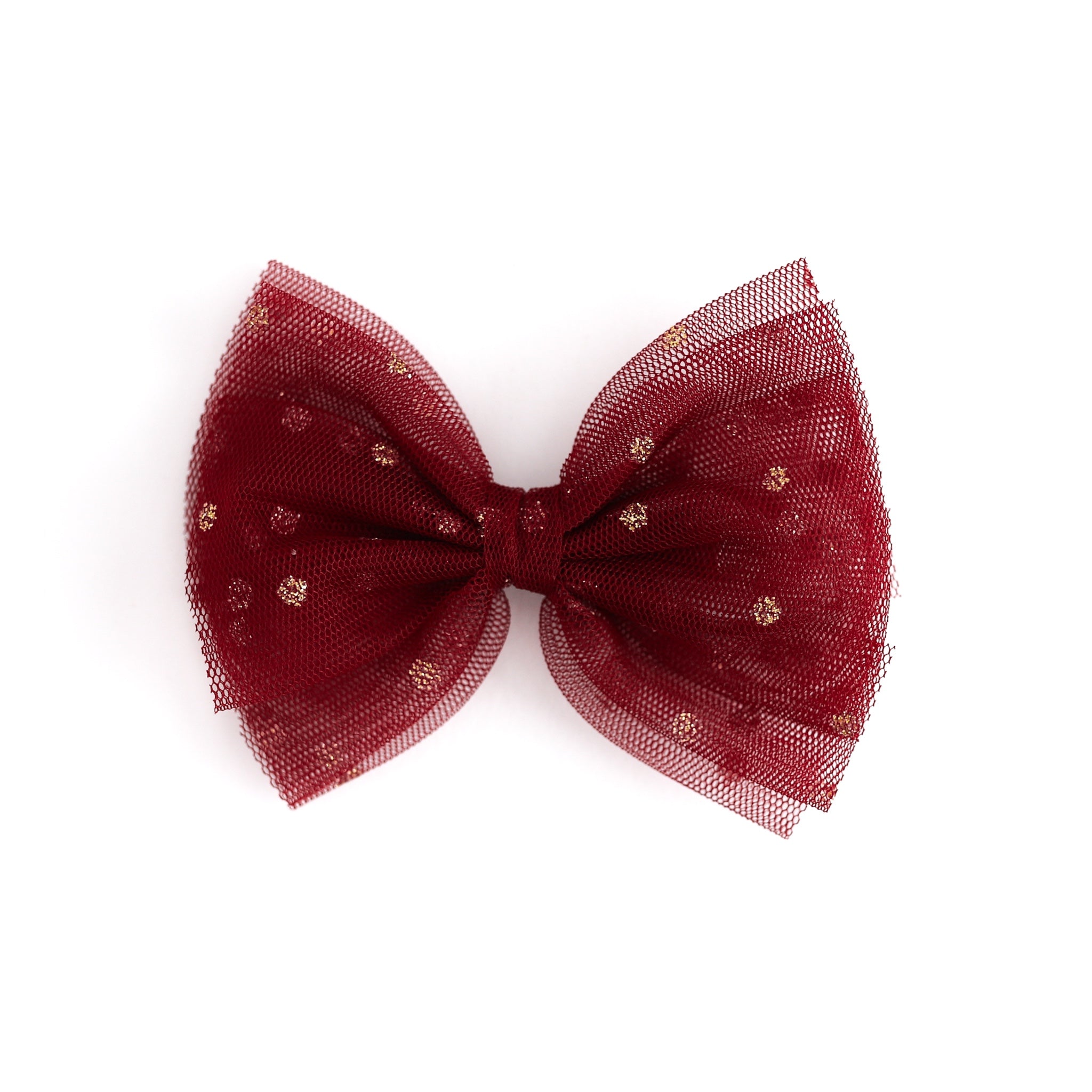 girls' crimson tulle bow with sparkly gold dots