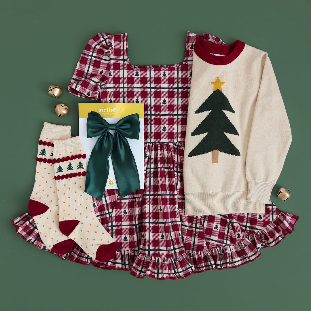 girls christmas outfit gingham and trees