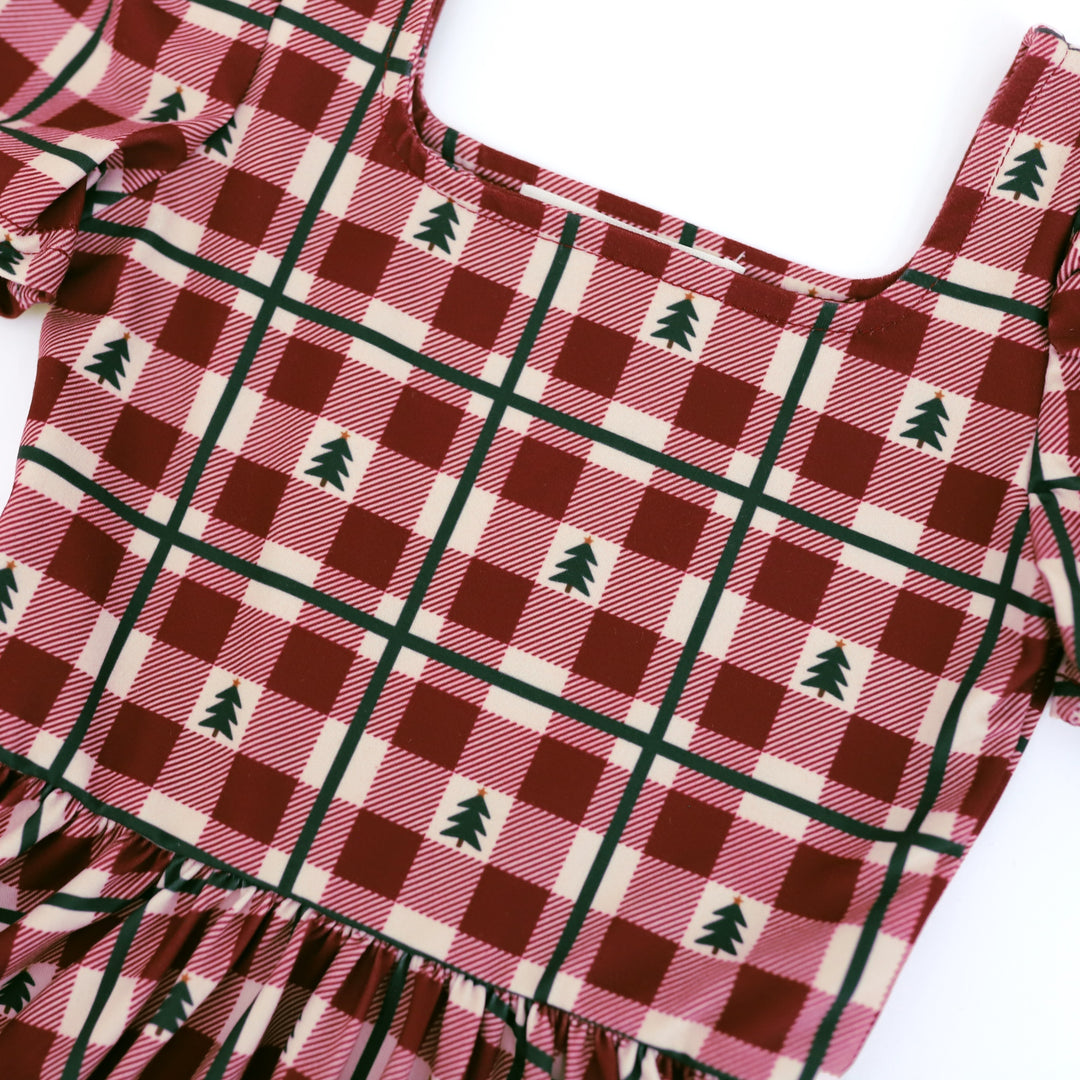 girls crimson christmas tree gingham dress details