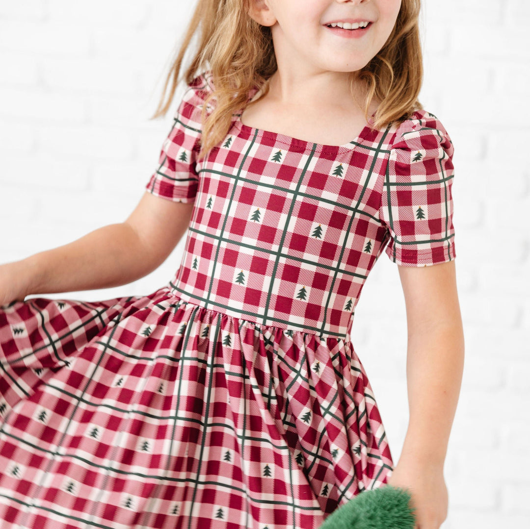 girls christmas tree gingham dress red and green 