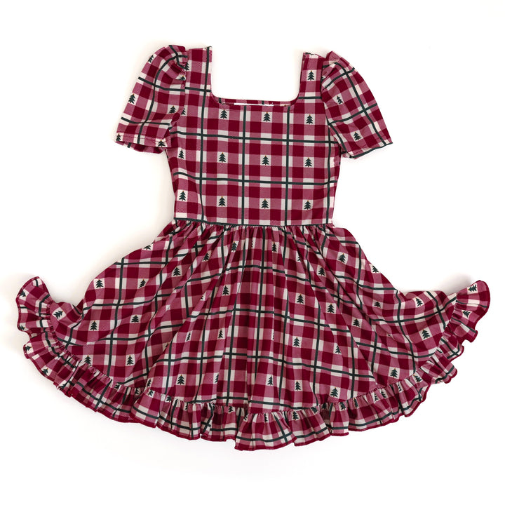 girls red tree gingham christmas twirl dress