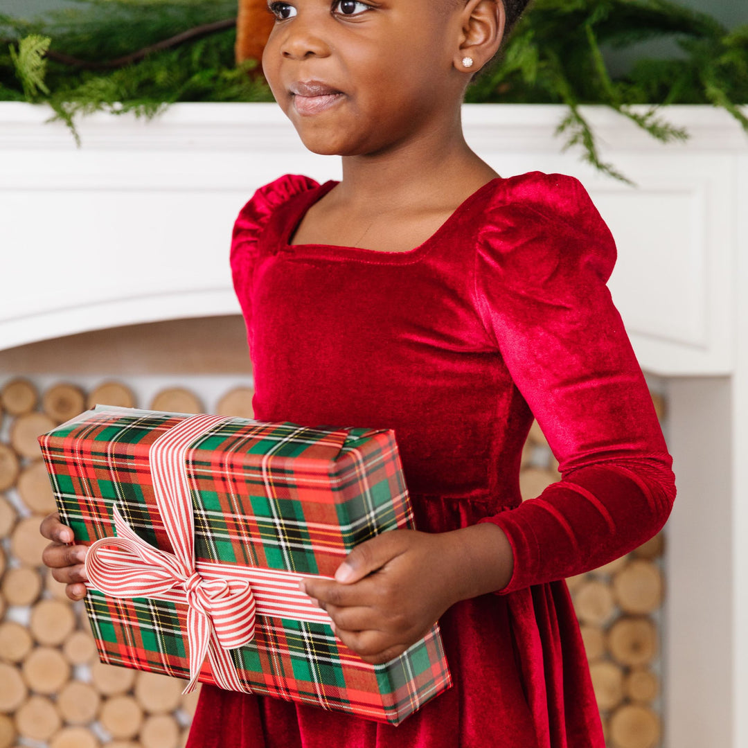 girls crimson red velvet christmas dress with puff sleeve and square neckline