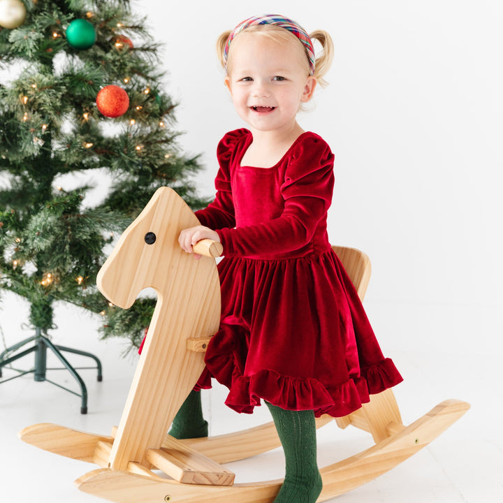 toddler girls red velvet christmas dress with forest green pointelle knee high socks