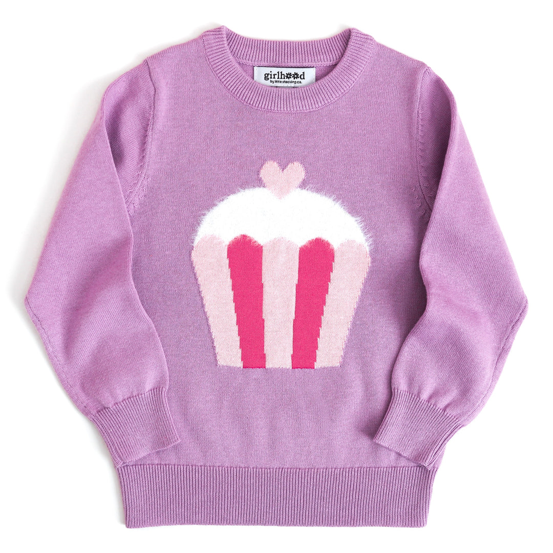 girls cotton sweater in lavender with fluffy pink and white cupcake and heart topper for Valentine's Day and birthday celebrations