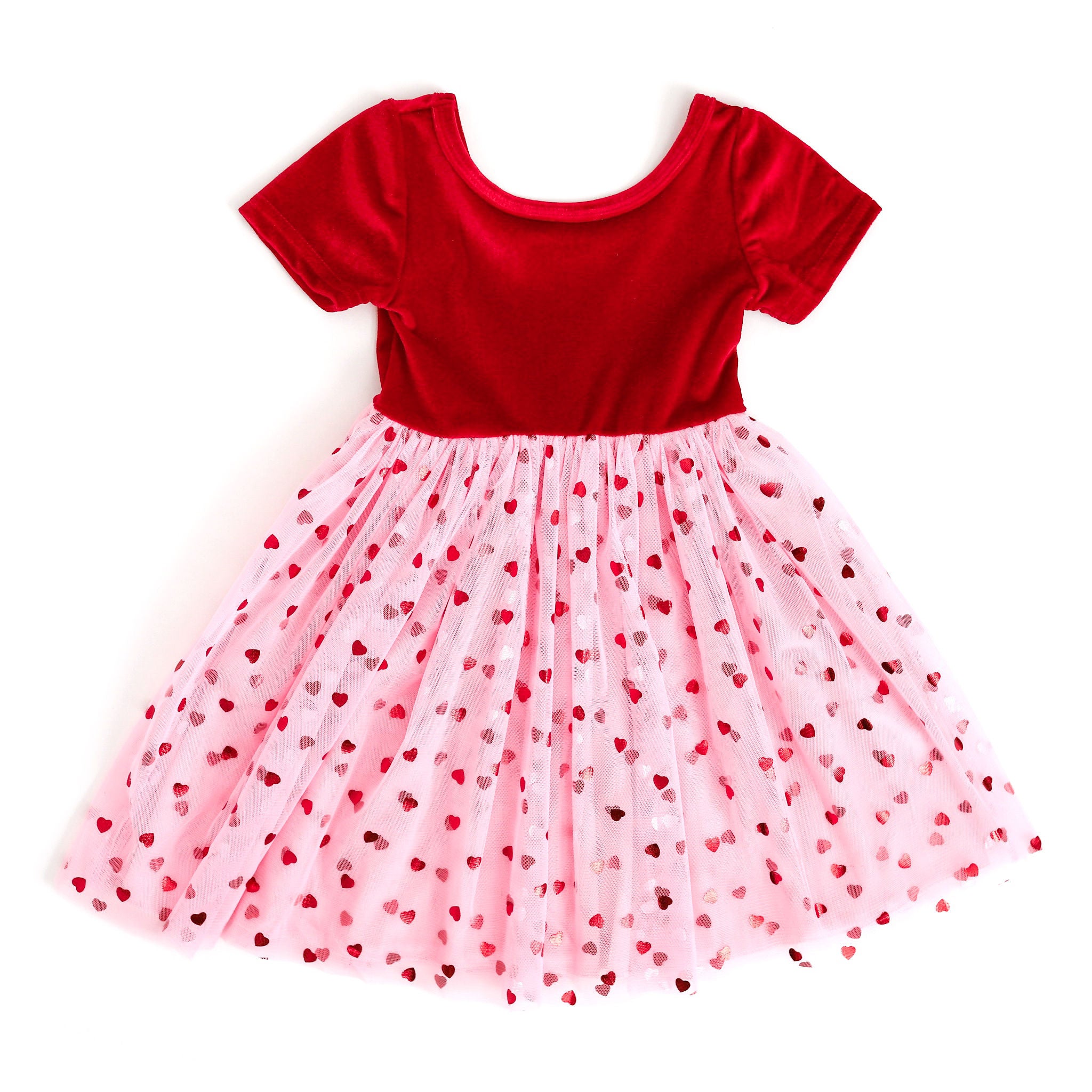 girls Valentine's Day occasion dress with red velvet bodice and pink tulle skirt with red hearts