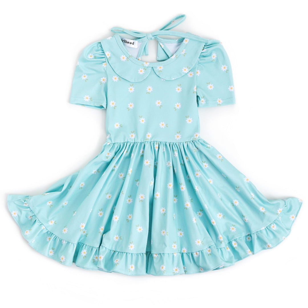 aqua blue girls twirl dress with little white daisies