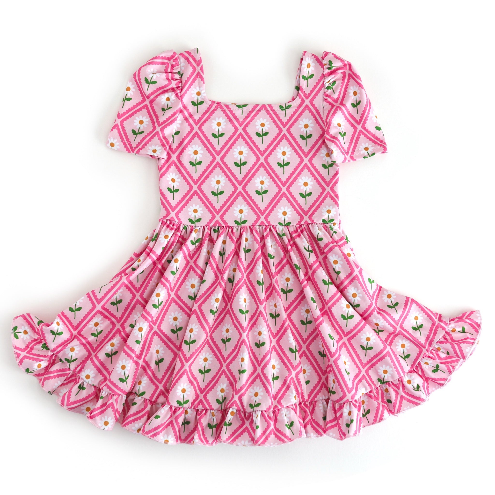 girls' pink square neck, short sleeve twirl dress with taffy pink scalloped diamond print and white daisies