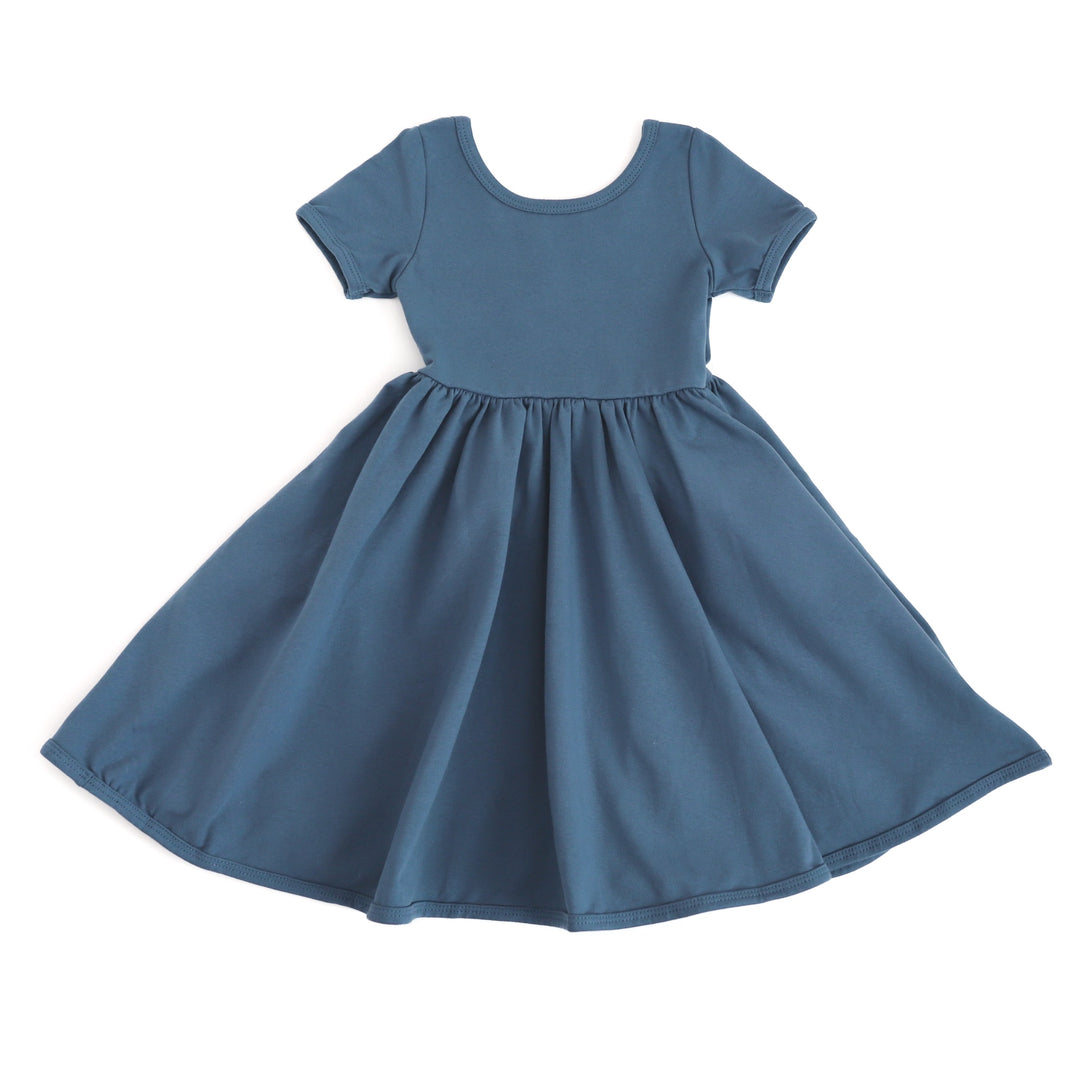 girls' everyday cotton pocket dress in dark denim blue