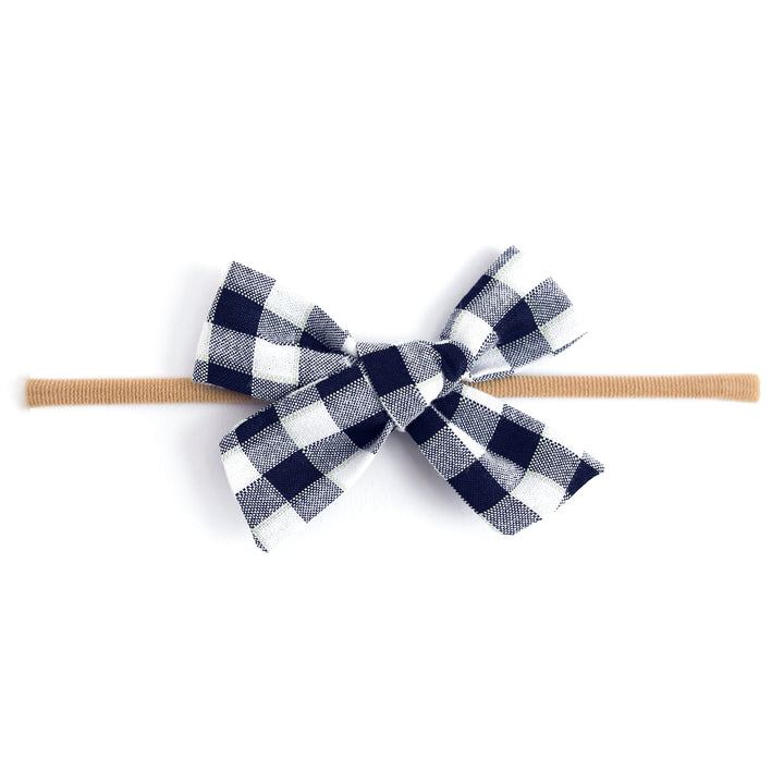 dark navy and white gingham baby bow on nylon headband