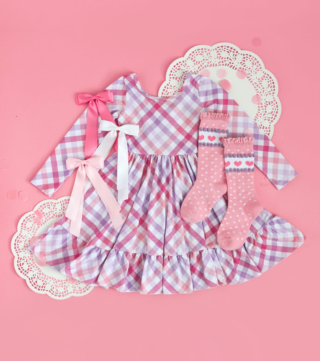 girls pink and lavender long sleeve gingham twirl dress with matching vintage wallpaper inspired knee highs and trio of satin bows