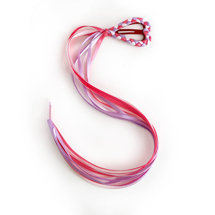 girls heart shaped hair barrette with braided satin ribbon in pink, lavender and white with long ribbon streamer tail 