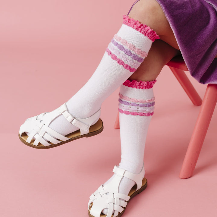 little girl sitting on pink chair in white knee-high socks with bubble stripes in shades of pink and pastel purple and pink lace tops