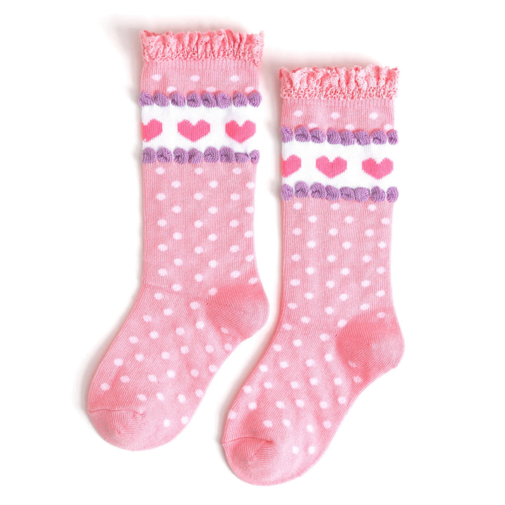 girls pink lace top knee highs with dots and hearts to coordinate with Valentine's Day looks