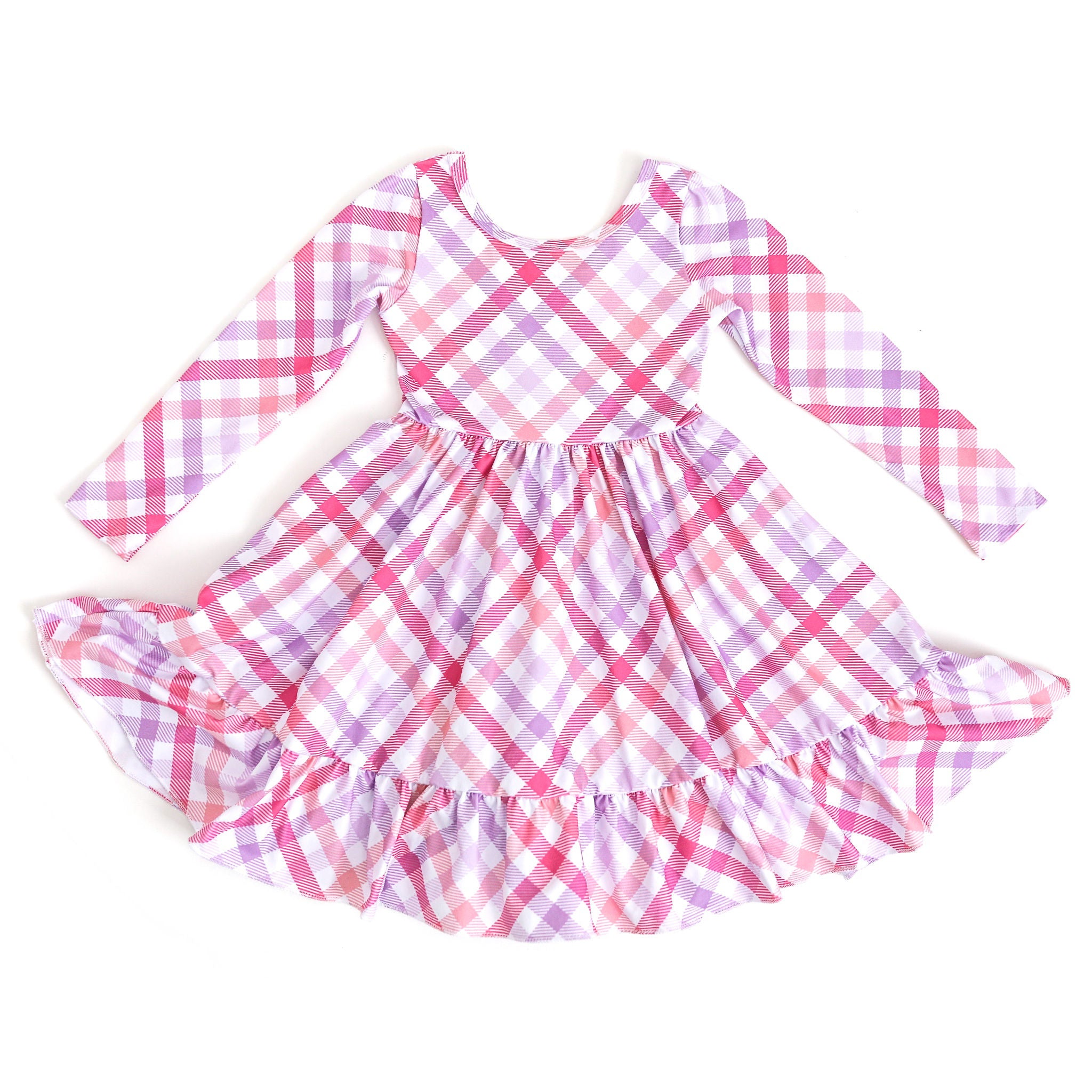 girls long sleeve twirl dress in pink, purple and white gingham print for Valentine's Day