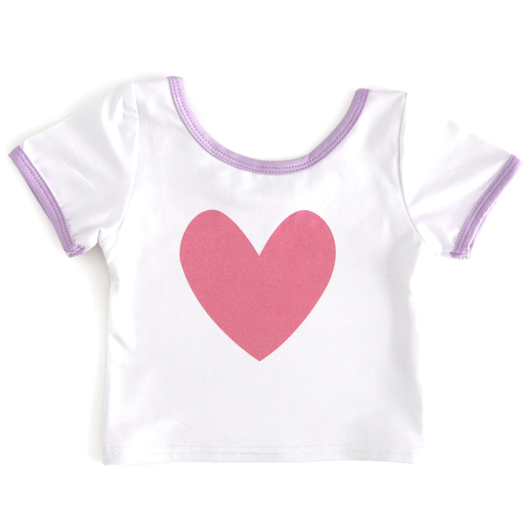 girls white bamboo fitted top with lavender trim and pink heart design for Valentine's Day