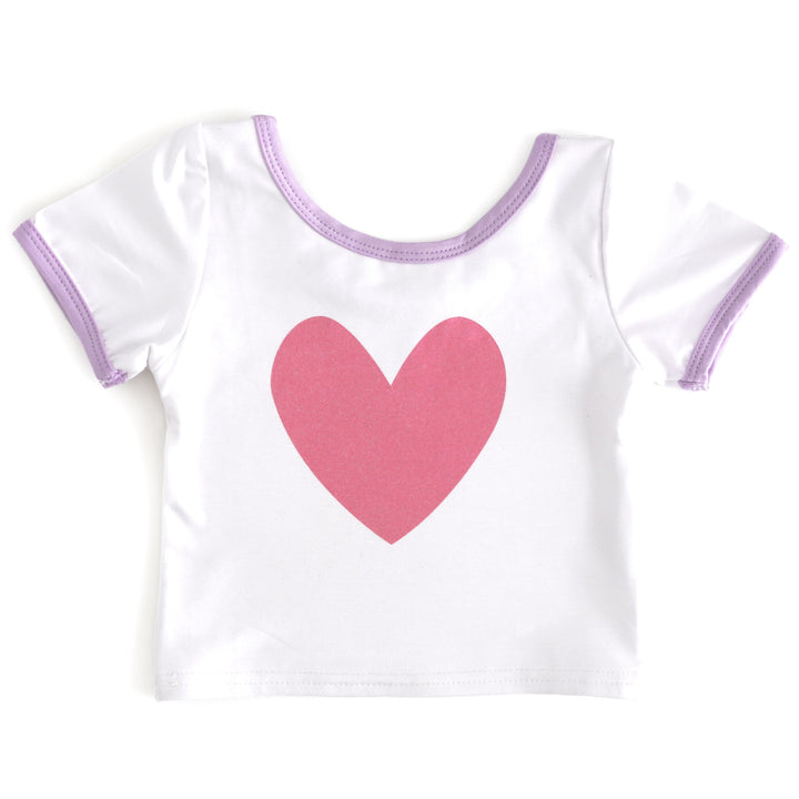 girls white bamboo fitted top with lavender trim and pink heart design for Valentine's Day