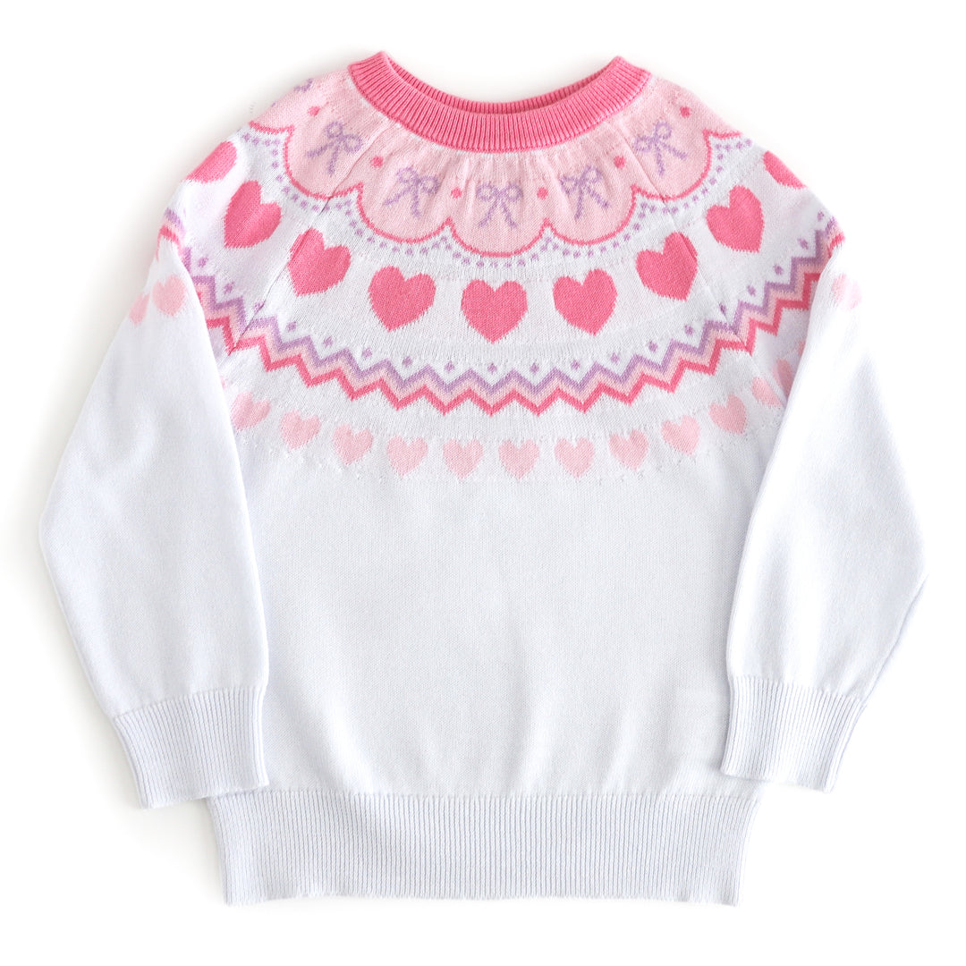 girls white knit pullover sweater with pink and purple heart and bow fair isle pattern for Valentine's Day