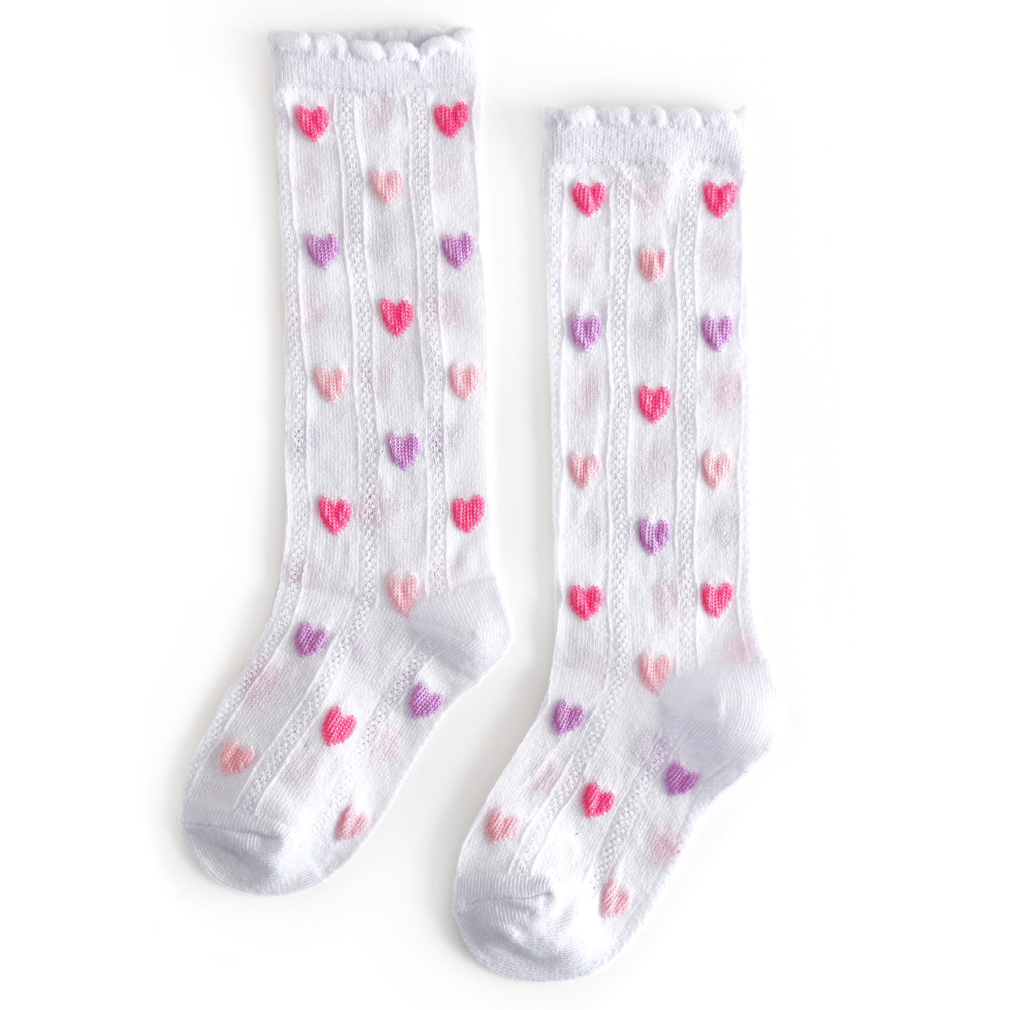 girls' white, scallop trimmed knee socks with embroidered pastel hearts in shades of pink and purple for Valentine's day