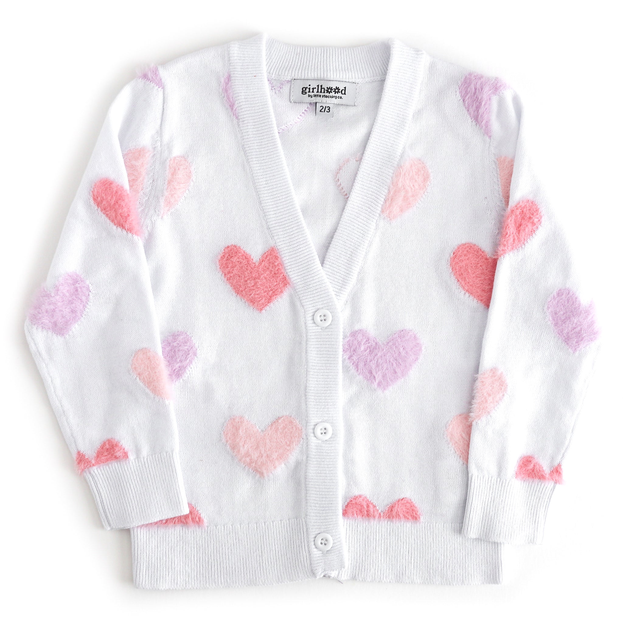 girls white V-neck cardigan with buttons and fuzzy pastel hearts in shades of pink and purple for valemntines day